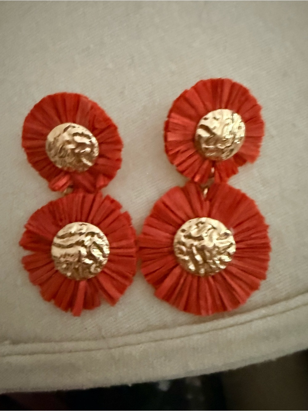 Red Raffia Double-Drop Earrings with Gold Discs